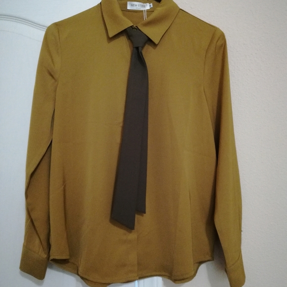 Mustard green long sleeve blouse with tie - Picture 1 of 3